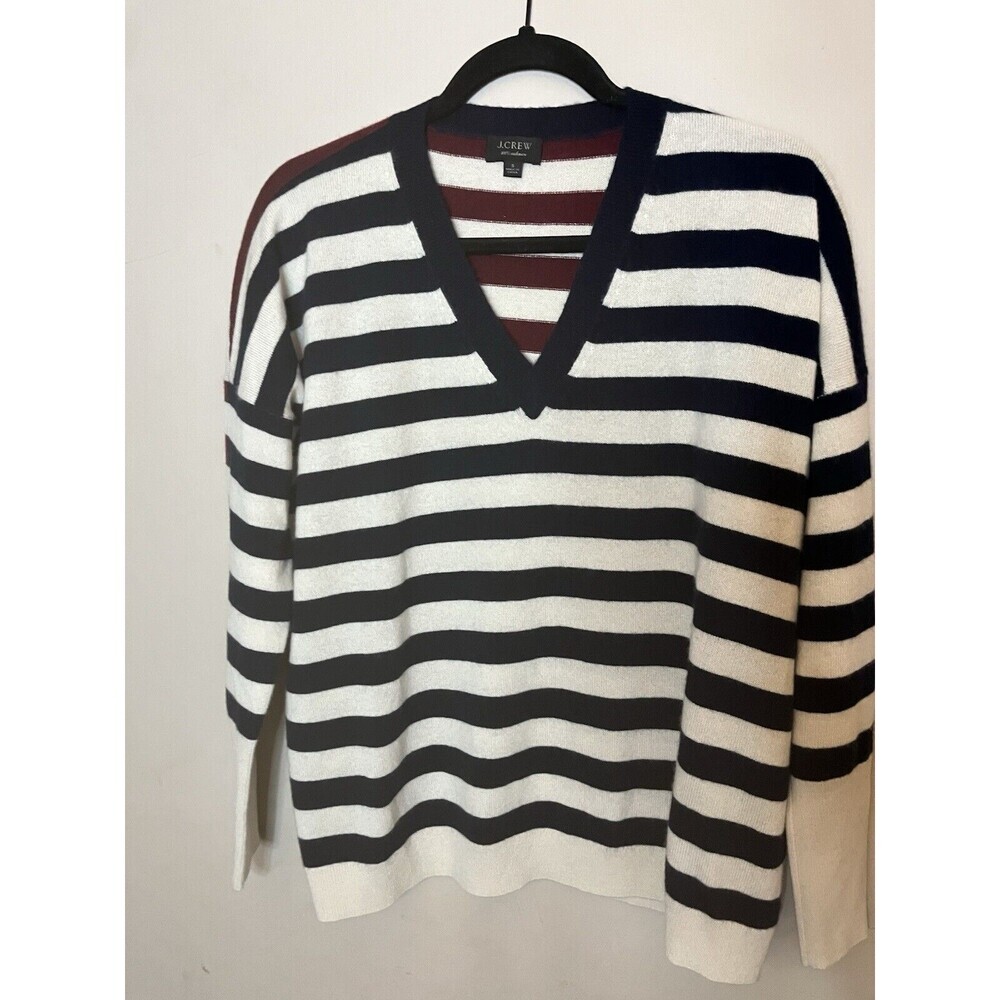 Cashmere Sweater relaxed J Crew navy Burgandy stripe size small preppy classic